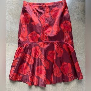 Red Floral A-Line Midi Skirt with Flounce Hem
